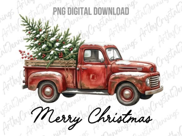 Download Retro Red Merry Christmas Truck PNG - Premium Resources